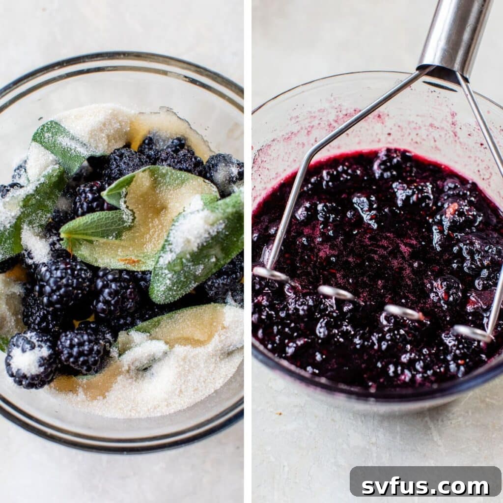 Two images side by side: left shows fresh blackberries, sage leaves, and sugar in a bowl; right shows the ingredients mashed together with a potato masher, illustrating the first step.