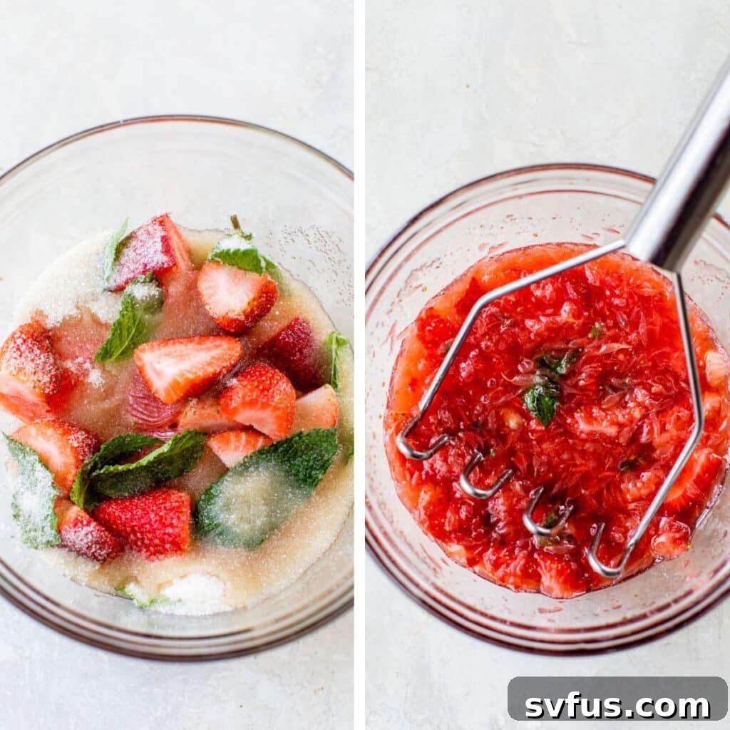 Two images side by side: left shows fresh strawberries, mint leaves, and sugar in a bowl; right shows the ingredients mashed together with a potato masher, demonstrating the preparation for the second shrub flavor.
