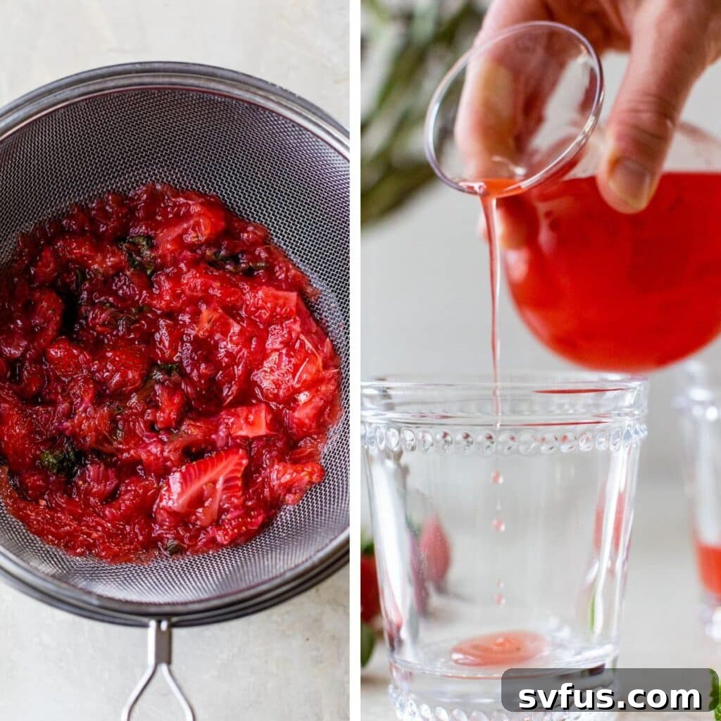 Two images side by side: left shows mashed fruit being poured into a fine mesh strainer; right shows clear fruit syrup being poured into a glass, illustrating the straining process.