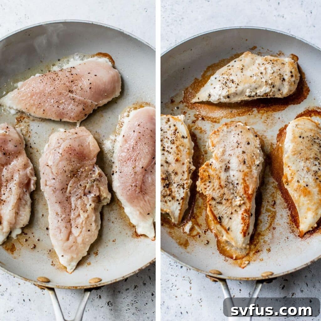 2 images: raw chicken breasts in a skillet on the left and cooked chicken breasts in a skillet on the right