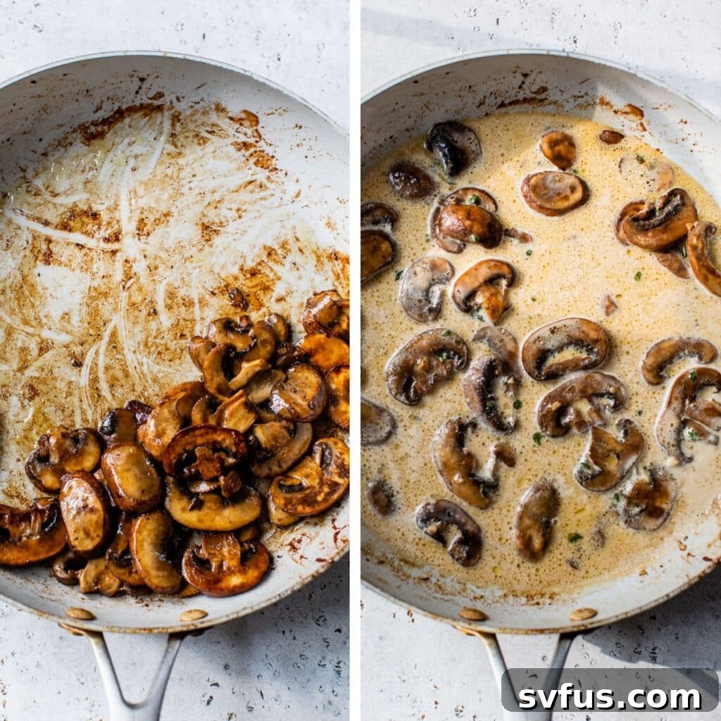2 images: cooked mushrooms in a skillet on the left and with broth and cream added on the right