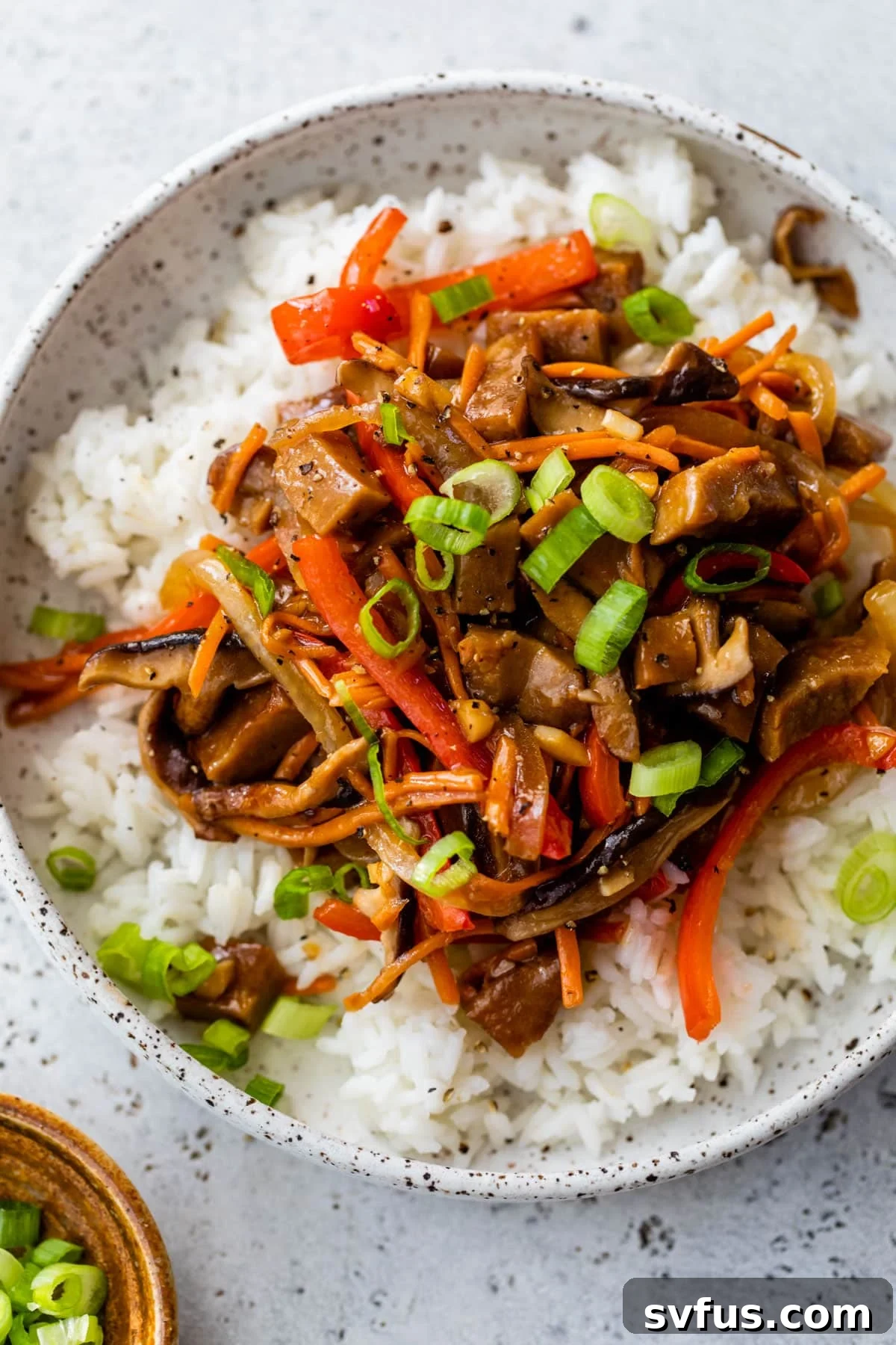 a plate of seitan stir fry