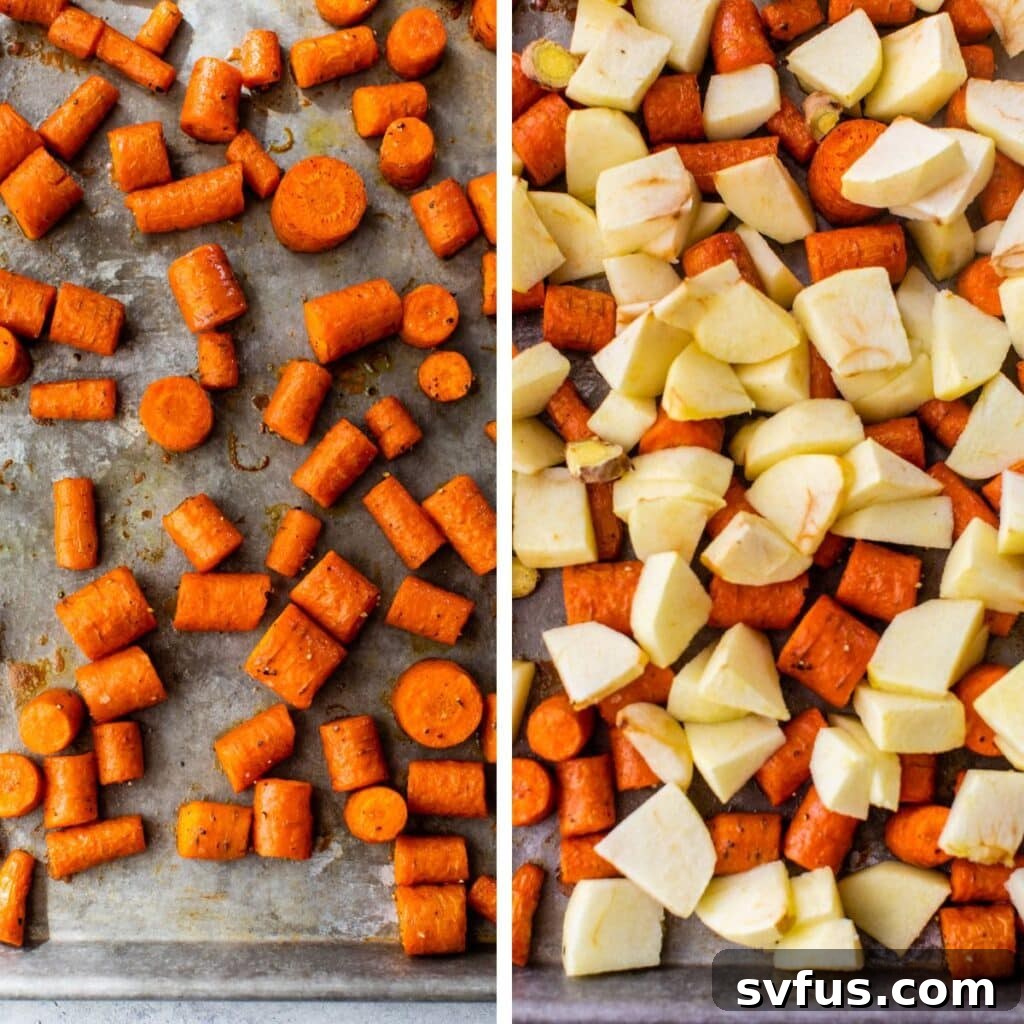 Two side-by-side images showing the roasting process: on the left, chopped carrots are spread on a baking sheet; on the right, chopped apples and garlic have been added to the roasted carrots.