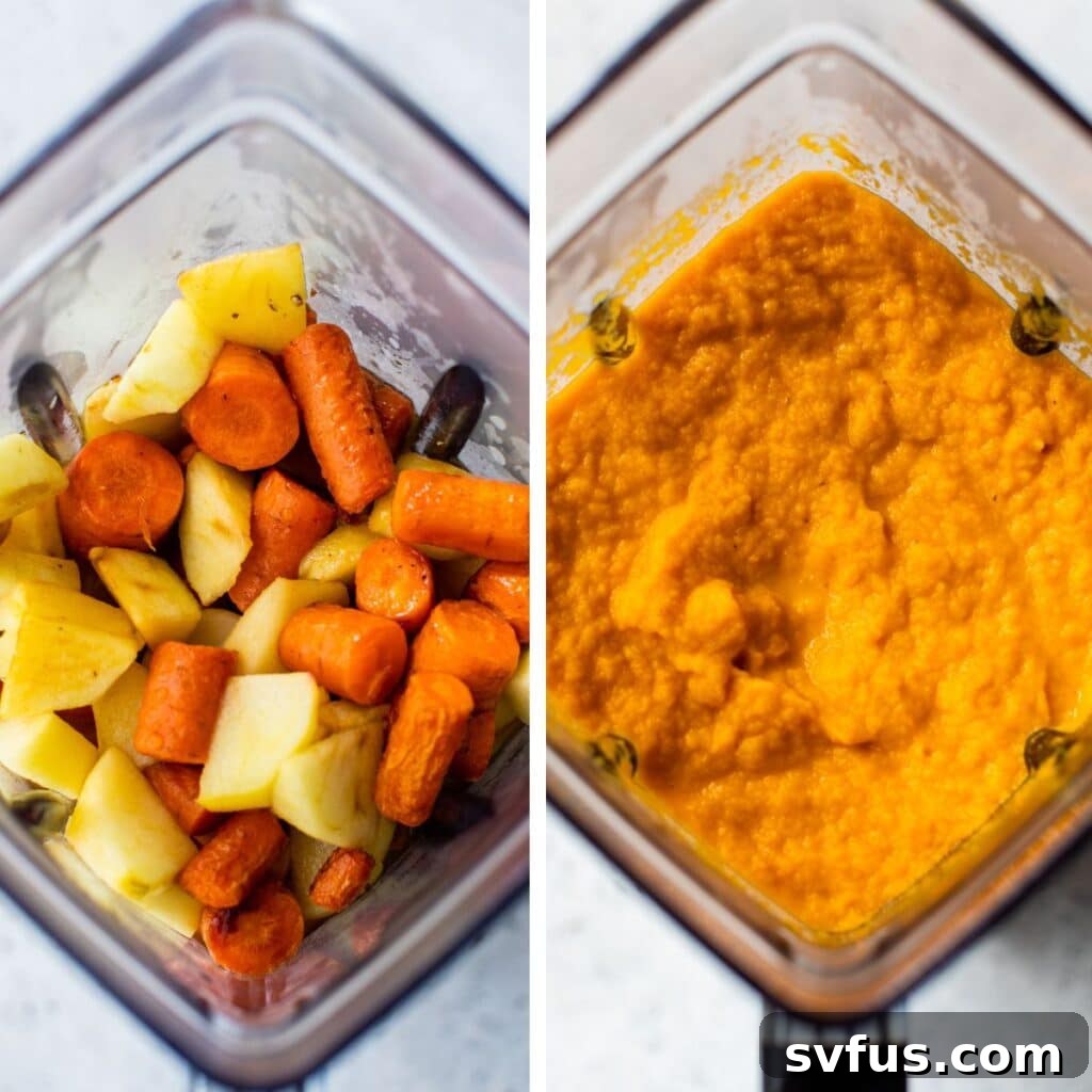 Two images illustrating the blending process: the left shows cooked carrots and apples in a blender before blending, and the right shows the ingredients after being blended into a smooth soup.