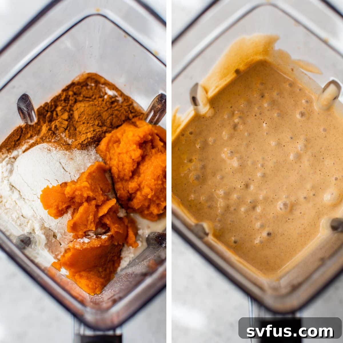 A visual guide showing crepe ingredients ready for blending on the left, and the smoothly blended batter on the right.