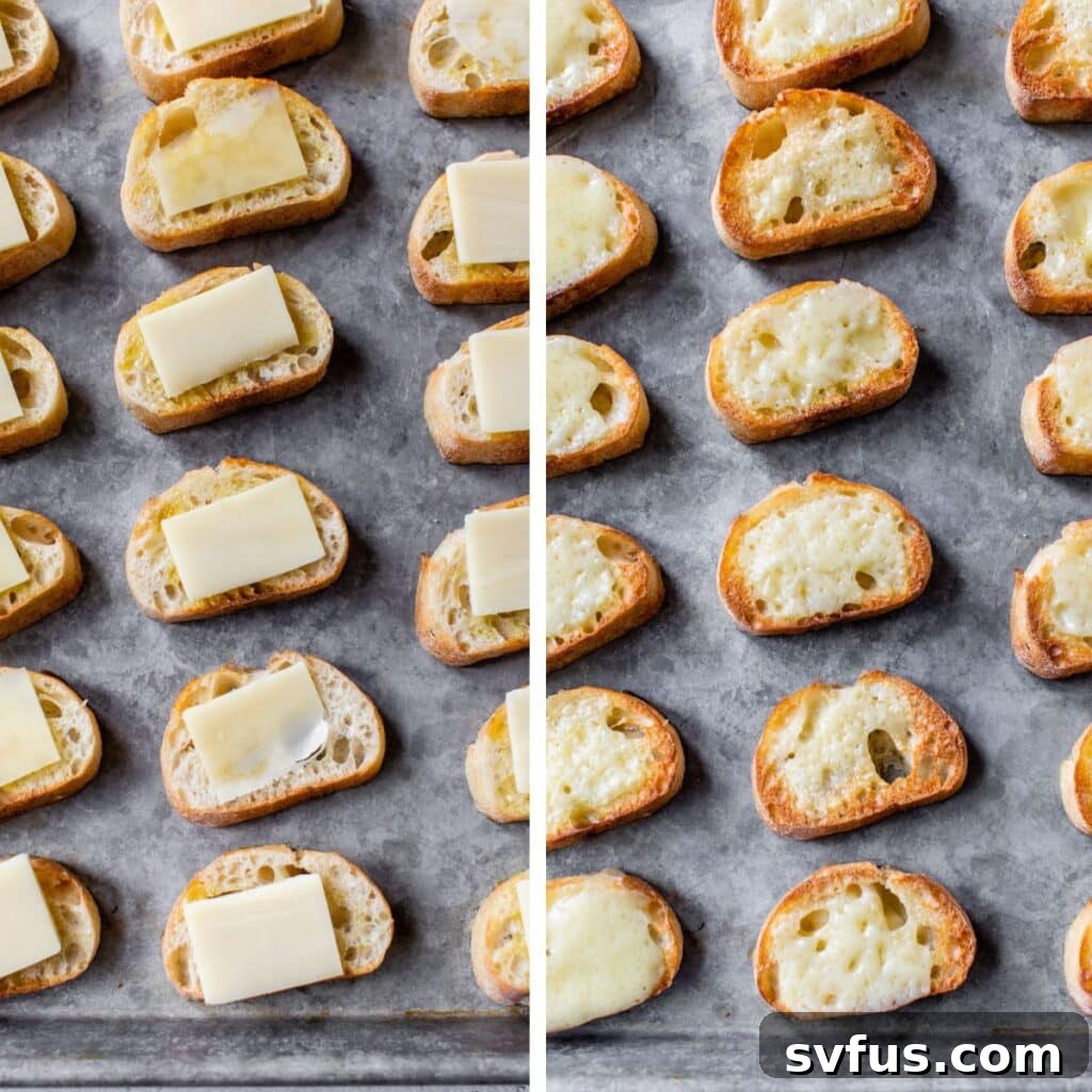 Two images side-by-side: on the left, baguette slices on a baking sheet topped with cheese slices; on the right, the same bread slices after broiling with melted, golden cheese.