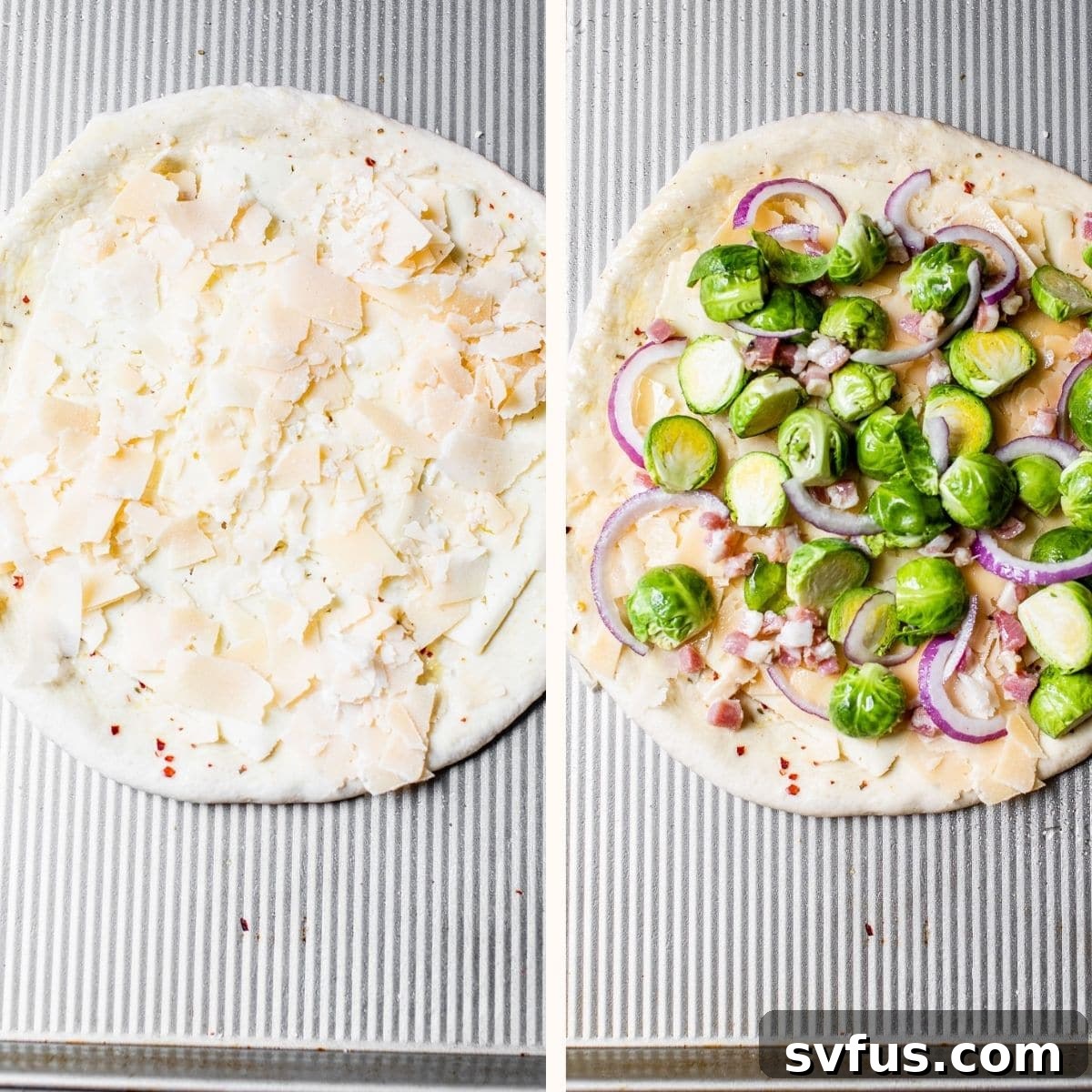 Pizza dough on a baking sheet, topped with havarti, parmesan, sliced brussels sprouts, red onion, and pancetta, ready for baking.