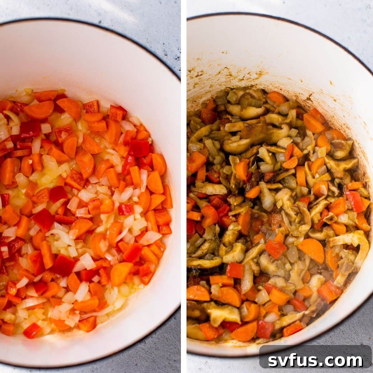 2 images: the left image shows onion, carrot, and peppers sautéing in a dutch oven and the right image shows the mixture along with mushrooms