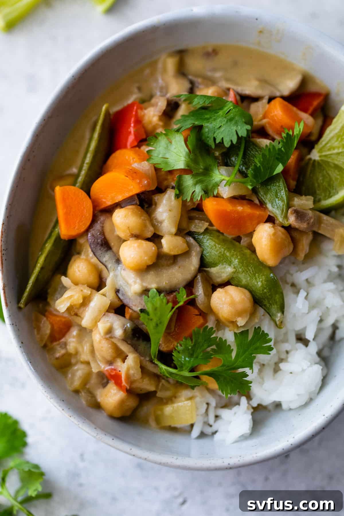 close up of a bowl of vegan green curry