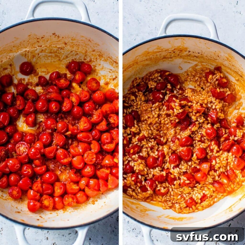 Two images side by side: the left shows cooked grape tomatoes in a skillet, and the right shows Arborio rice added to the tomatoes in the same skillet.