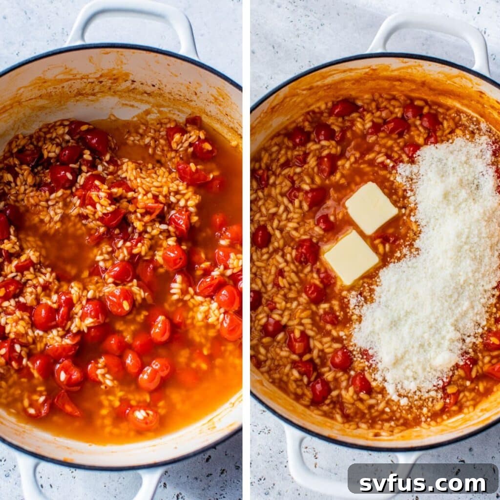 Two images: the left shows rice, sliced grape tomatoes, and broth in a pot. The right shows the same pot with butter and grated Parmesan cheese added, being stirred into a creamy risotto.