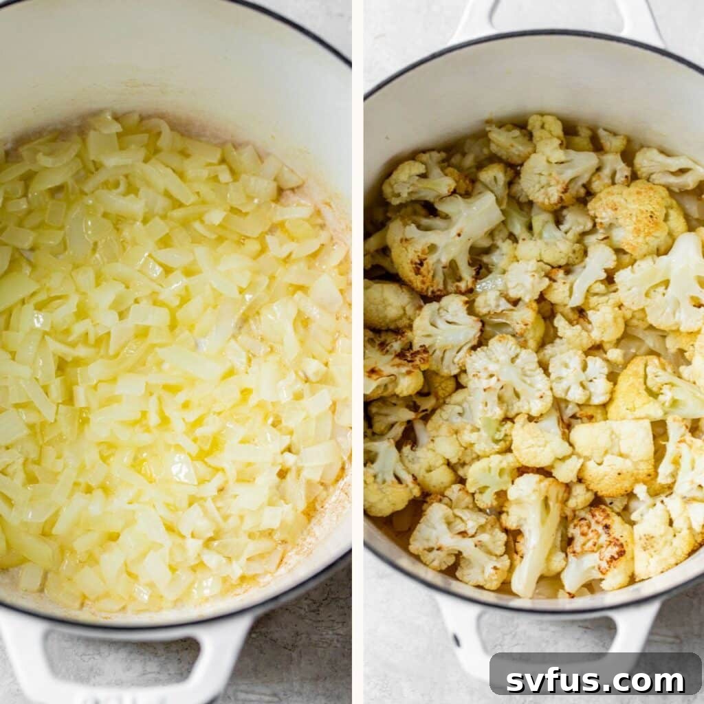 Left side shows cooked diced onion in a pot; right side shows roasted cauliflower florets on a tray, ready to be combined into the soup pot.