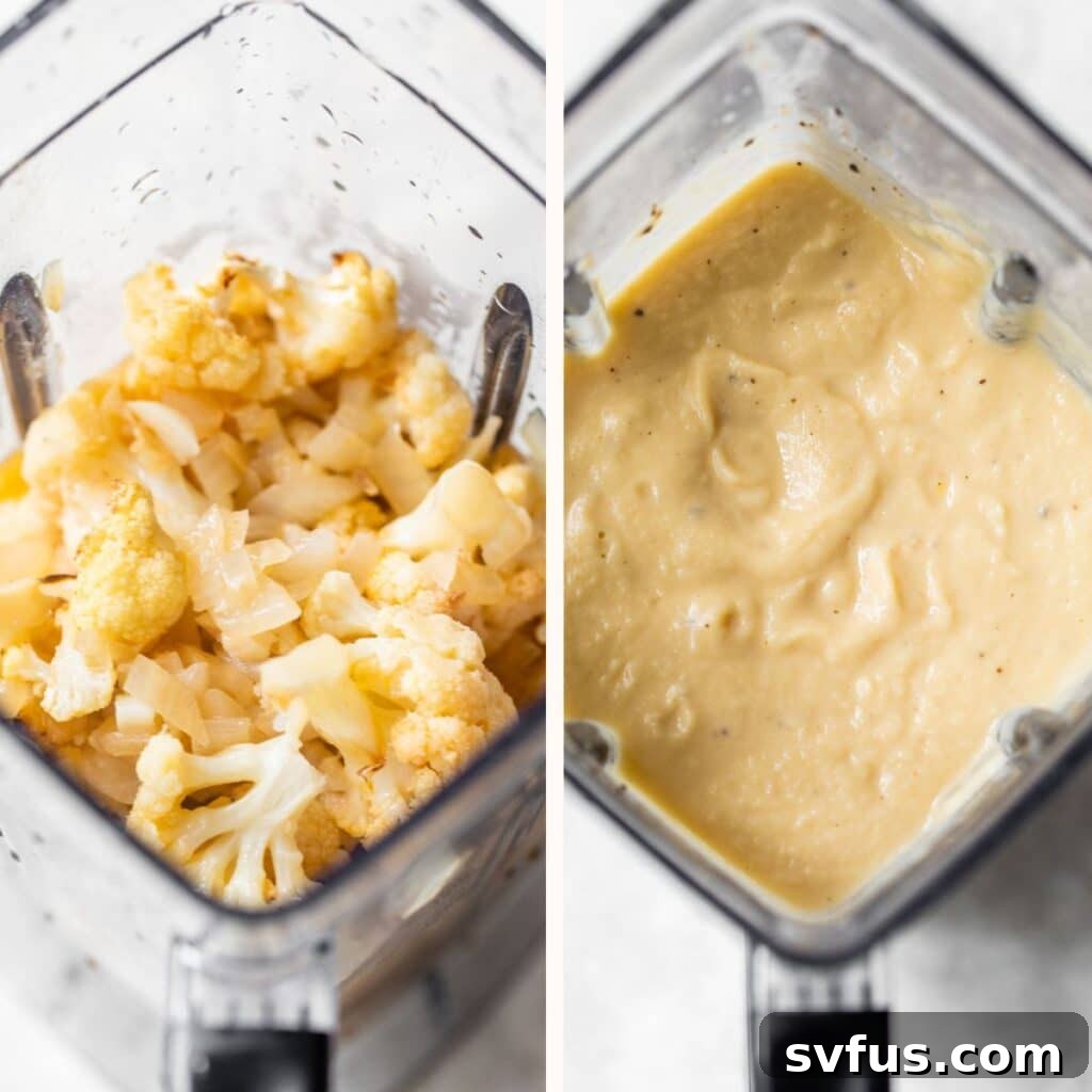 Left image shows cooked cauliflower in a blender, about to be processed; right image shows the resulting smooth, creamy blended soup in the blender.