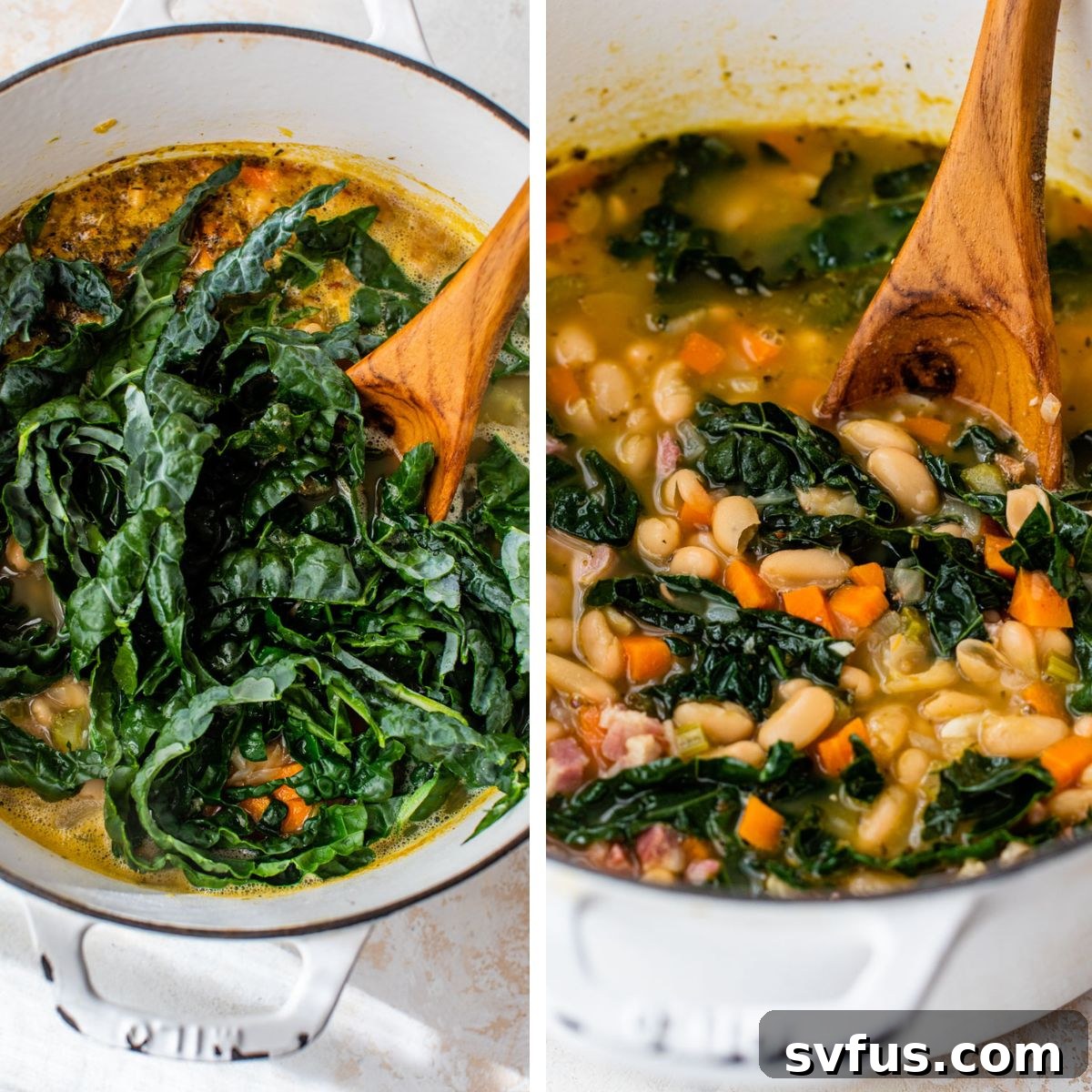 A two-part image: the left shows soup simmering in a Dutch oven with kale just added, while the right displays the finished white bean soup in the pot with a wooden spoon.