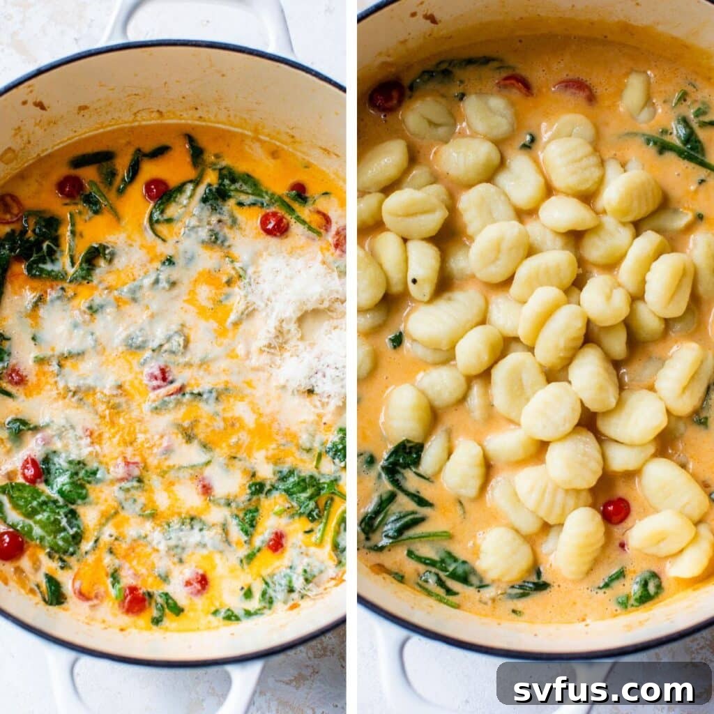 A two-part image showing the progression of the Chicken Gnocchi Skillet. The left side displays the creamy sauce with spinach, tomatoes, and cheese in a skillet. The right side shows cooked gnocchi added and mixed into the sauce, prior to adding chicken.