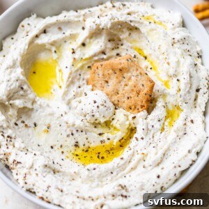 whipped cheese in a bowl with a cracker being dipped into it