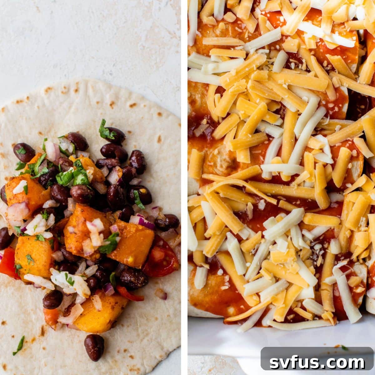 2 images: the left image shows enchilada filling on a tortilla and the right image shows the enchiladas placed in a baking dish and topped with shredded cheese