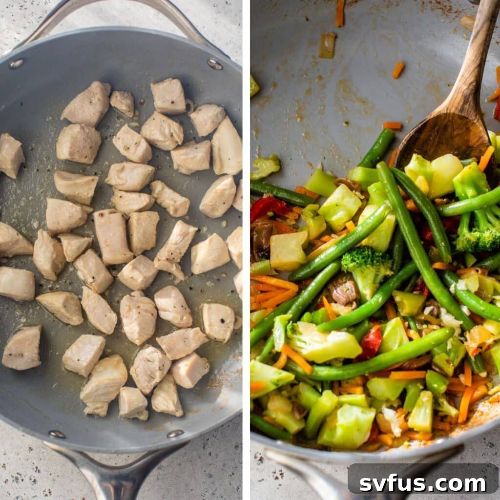 Two side-by-side images: cooked diced chicken in a skillet on the left, and vibrant cooked vegetables in a skillet on the right with a wooden spoon, illustrating the separate cooking steps.