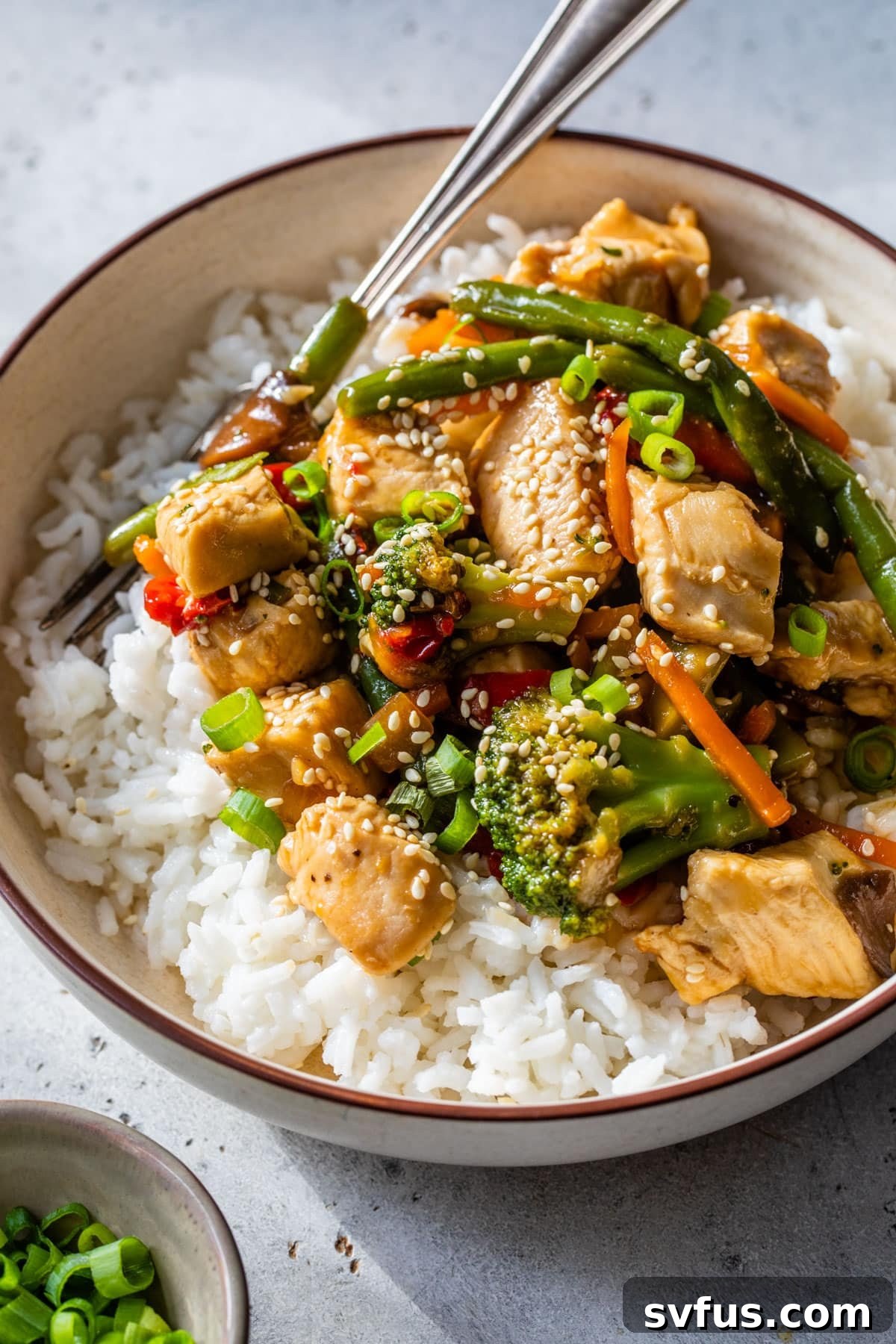A beautifully presented bowl of white rice topped generously with cooked diced chicken and a vibrant mix of vegetables, perfect for a healthy meal.