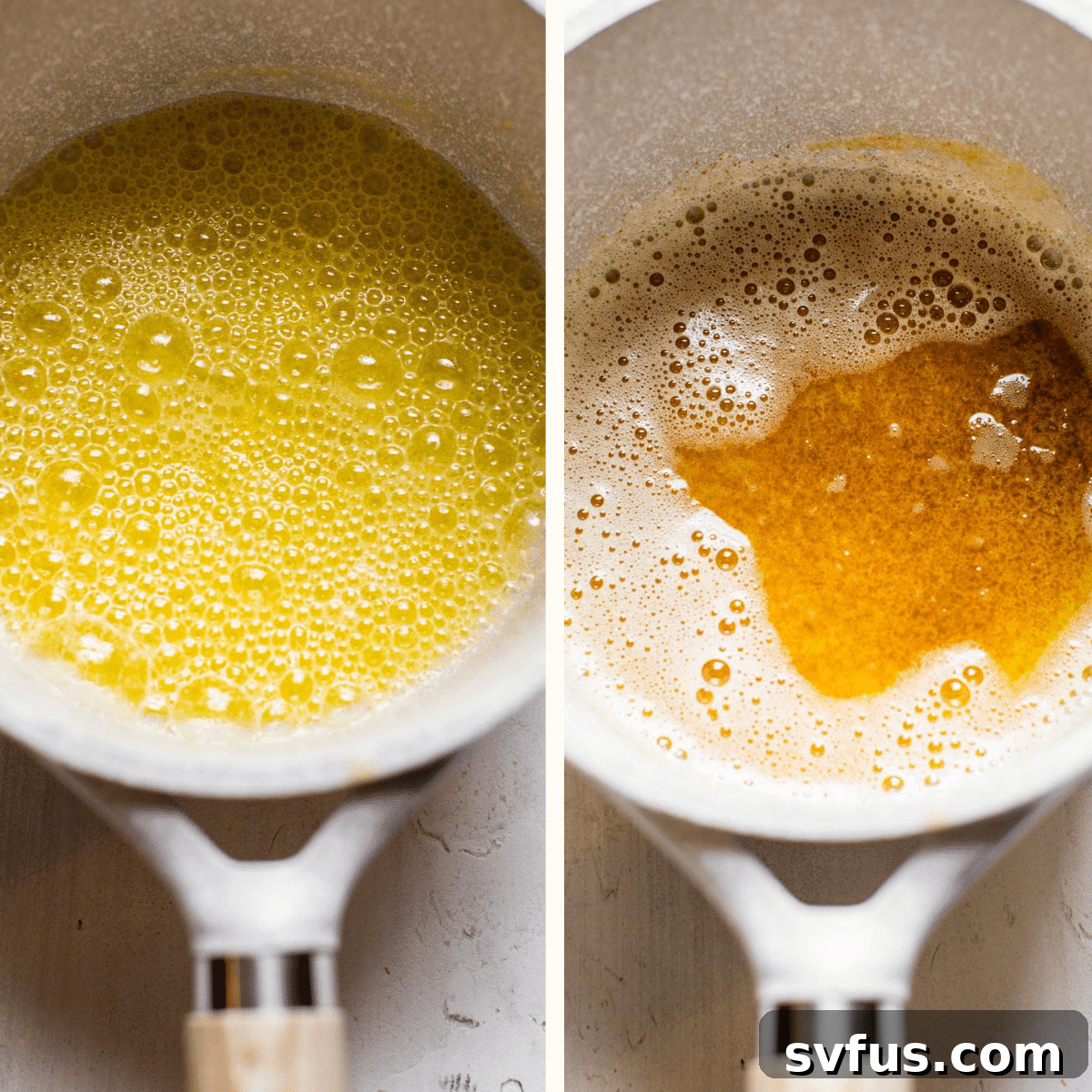 Melted butter in a saucepan, beginning to foam and turn golden brown as it browns