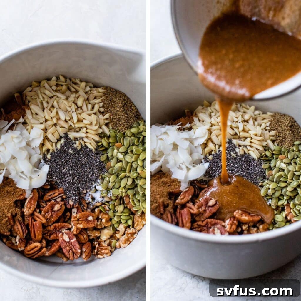 Two images side by side: left shows nuts, seeds, and coconut in a mixing bowl; right shows nut butter being poured over the mixture.