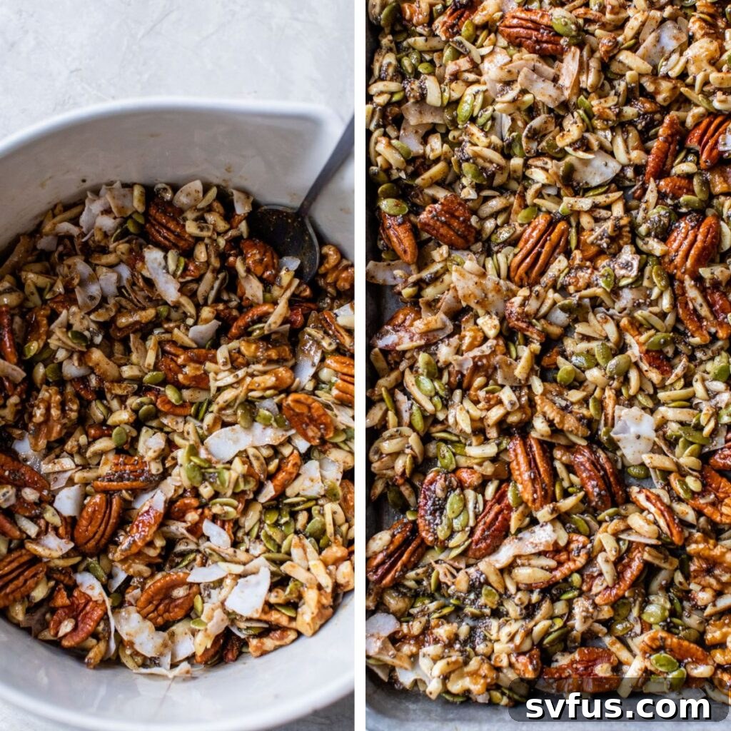 Two images side by side: left shows mixed nuts and seeds in a bowl; right shows the granola mixture spread on a baking sheet.