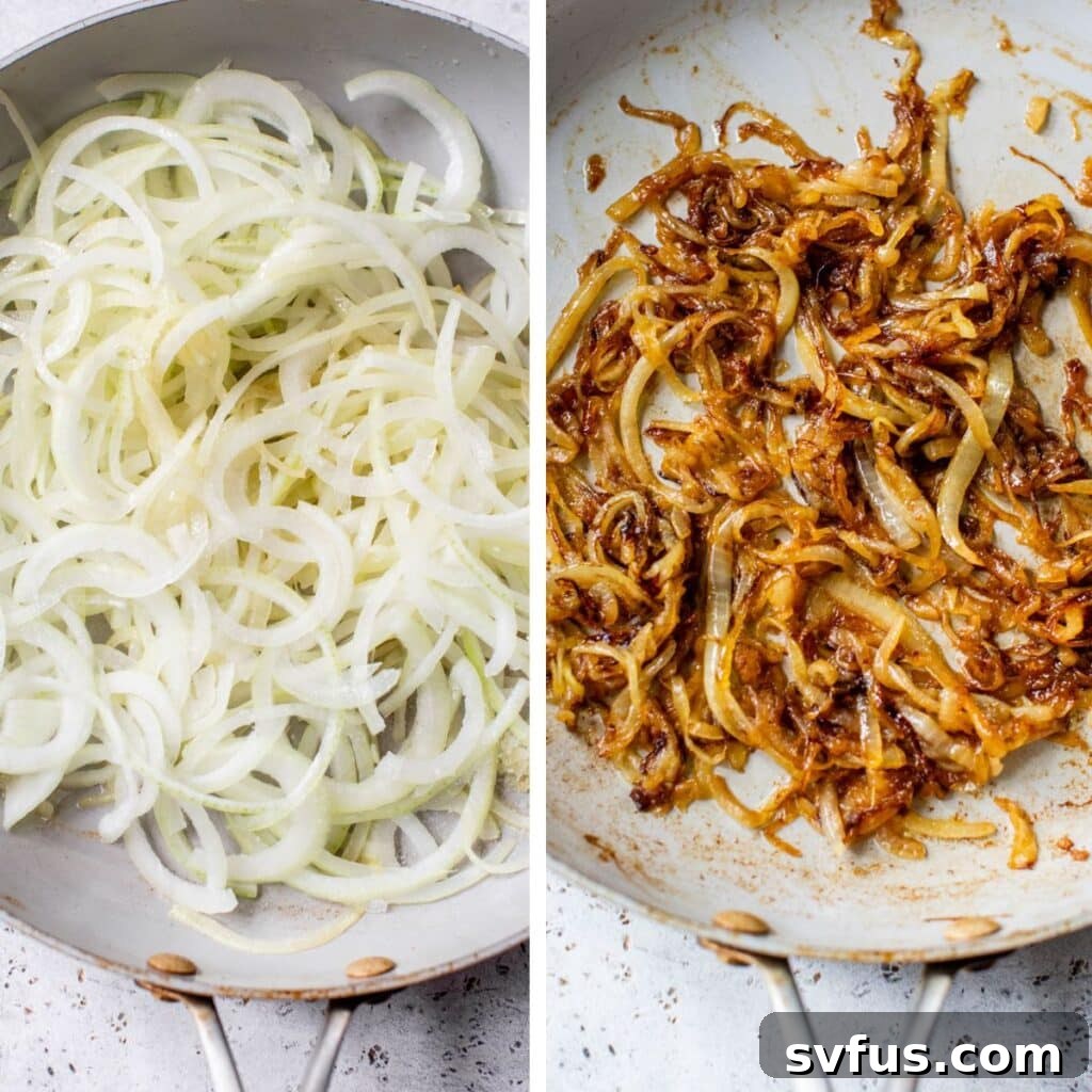 2 images: raw sliced onions in a skillet on the left and caramelized onions in a skillet on the right