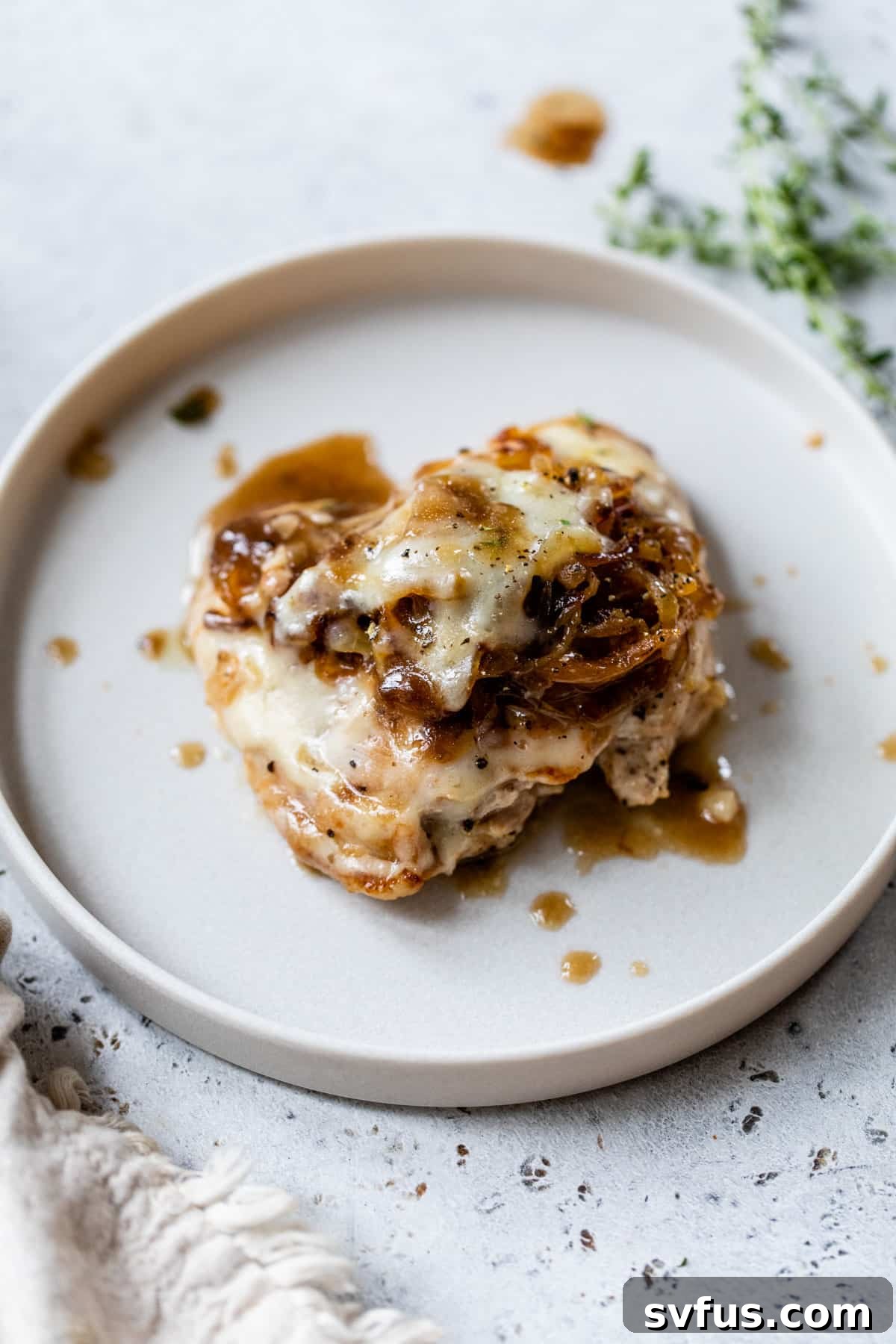 chicken thigh on a plate topped with sauce, onions and cheese