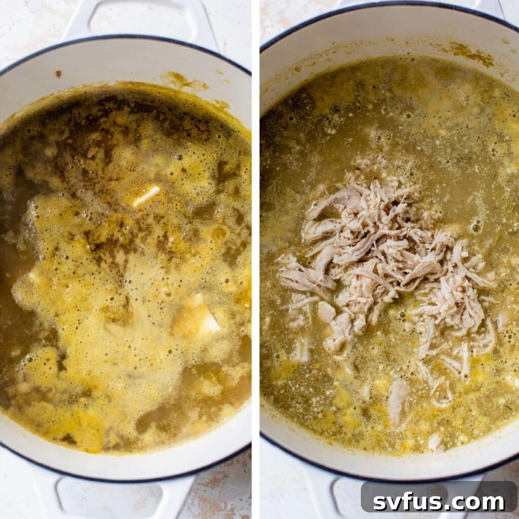 Two images side-by-side. The left shows a pot of simmering soup on the stovetop, while the right displays the same soup after shredded chicken has been added, creating a hearty meal.