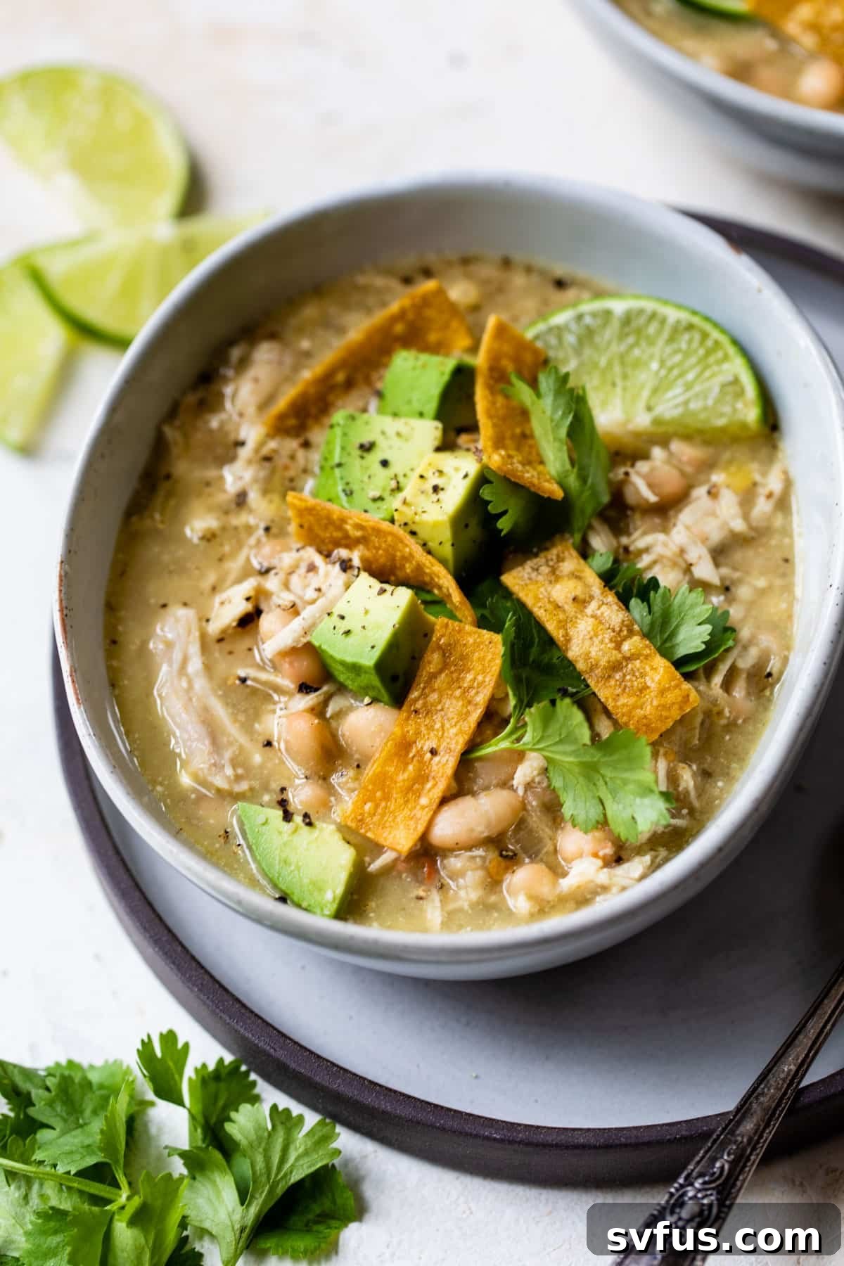 A beautifully plated bowl of Green Chicken Enchilada Soup, brimming with shredded chicken and beans, perfectly garnished with diced avocado, fresh cilantro, and crunchy tortilla strips.