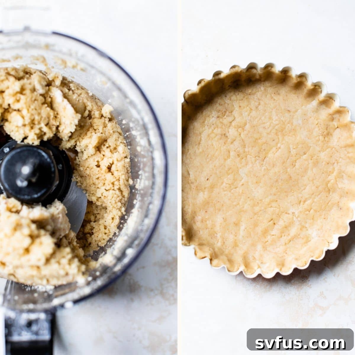 Raw pie crust dough shaped and pressed into a tart pan with neatly crimped edges, ready for the pumpkin filling.