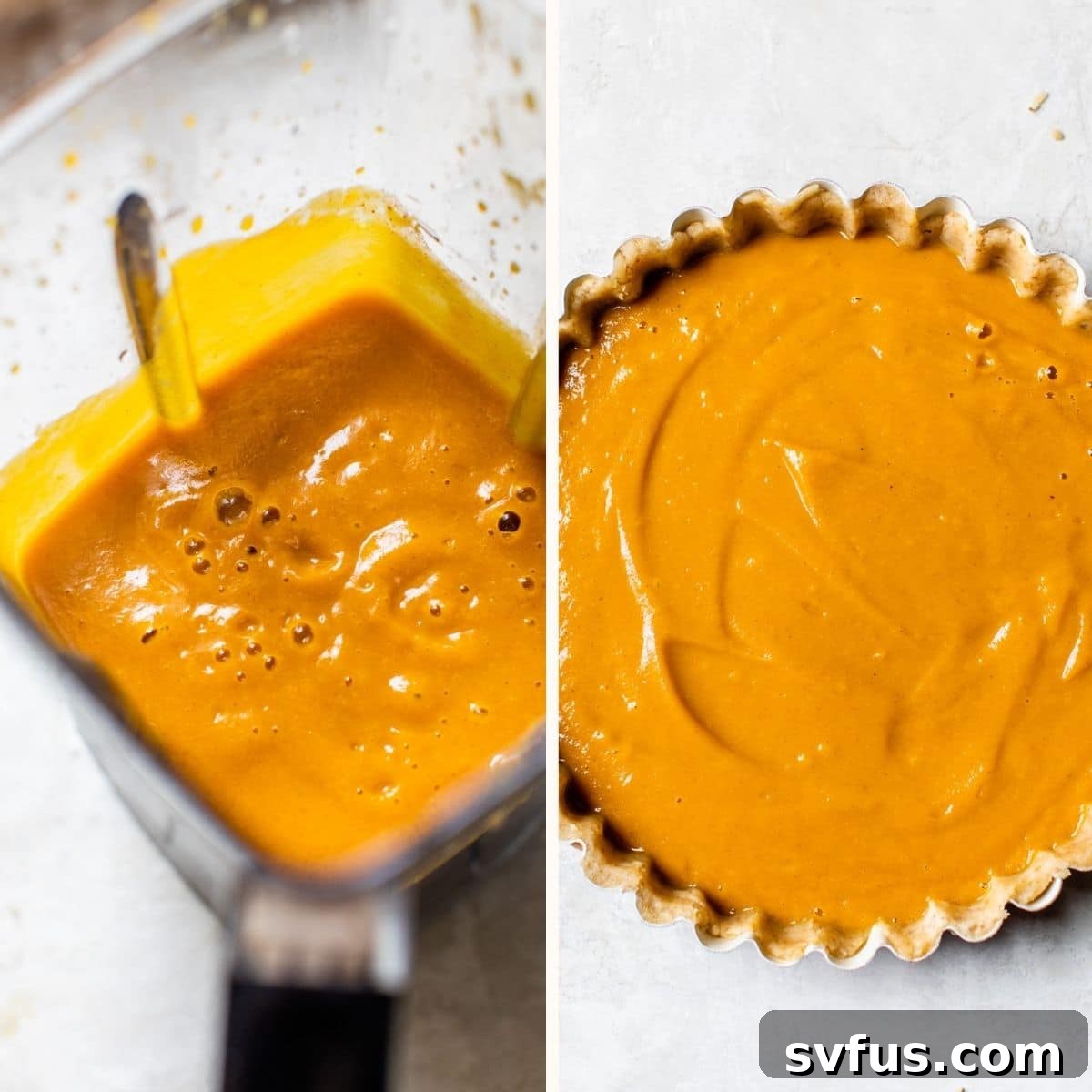 Creamy orange pumpkin puree and spices in a blender, perfectly smooth and ready to be poured into the pie crust.