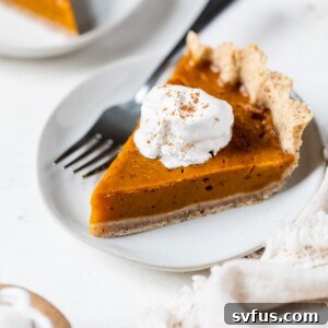 A slice of vegan pumpkin pie with whipped cream on a plate, the perfect image for a recipe card.