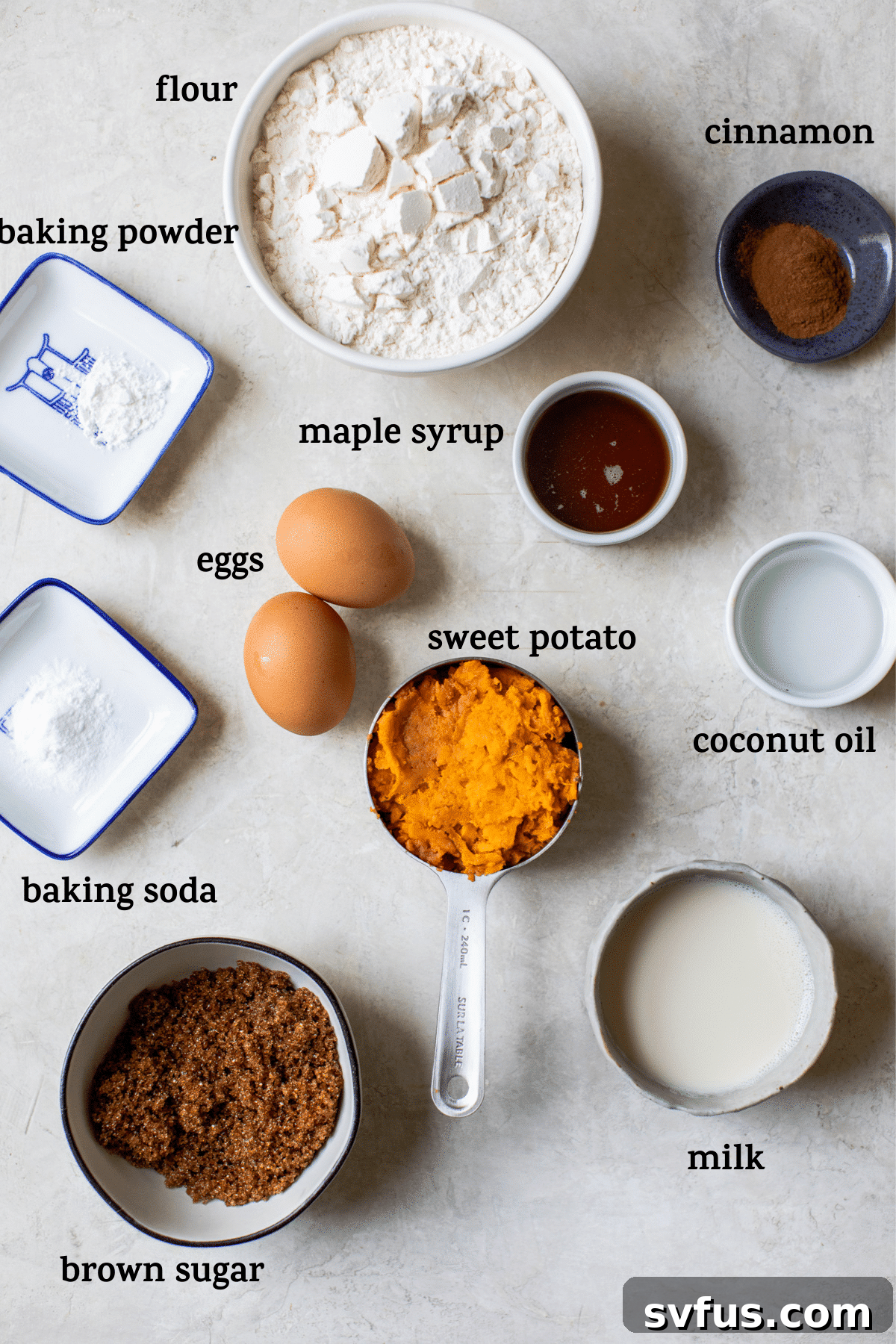Key ingredients for healthy sweet potato muffins laid out on a table, including flour, brown sugar, eggs, sweet potato, and spices, with explanatory text overlays.
