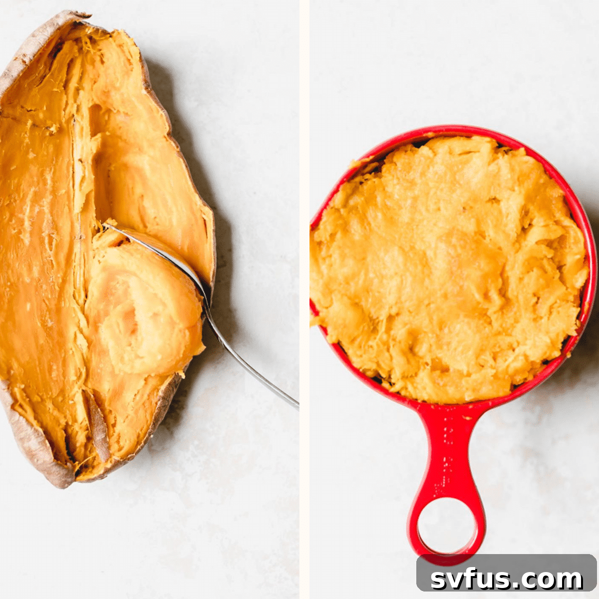 A perfectly cooked and peeled sweet potato, ready to be mashed for the muffin batter, resting on a cutting board.