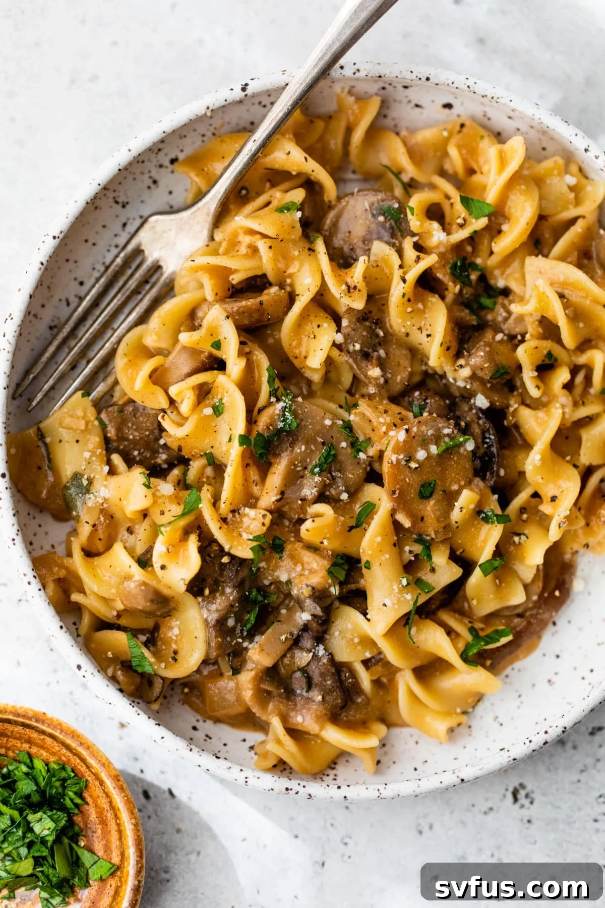 mushroom stroganoff inside a bowl with a fork and fresh parsley and cheese on top