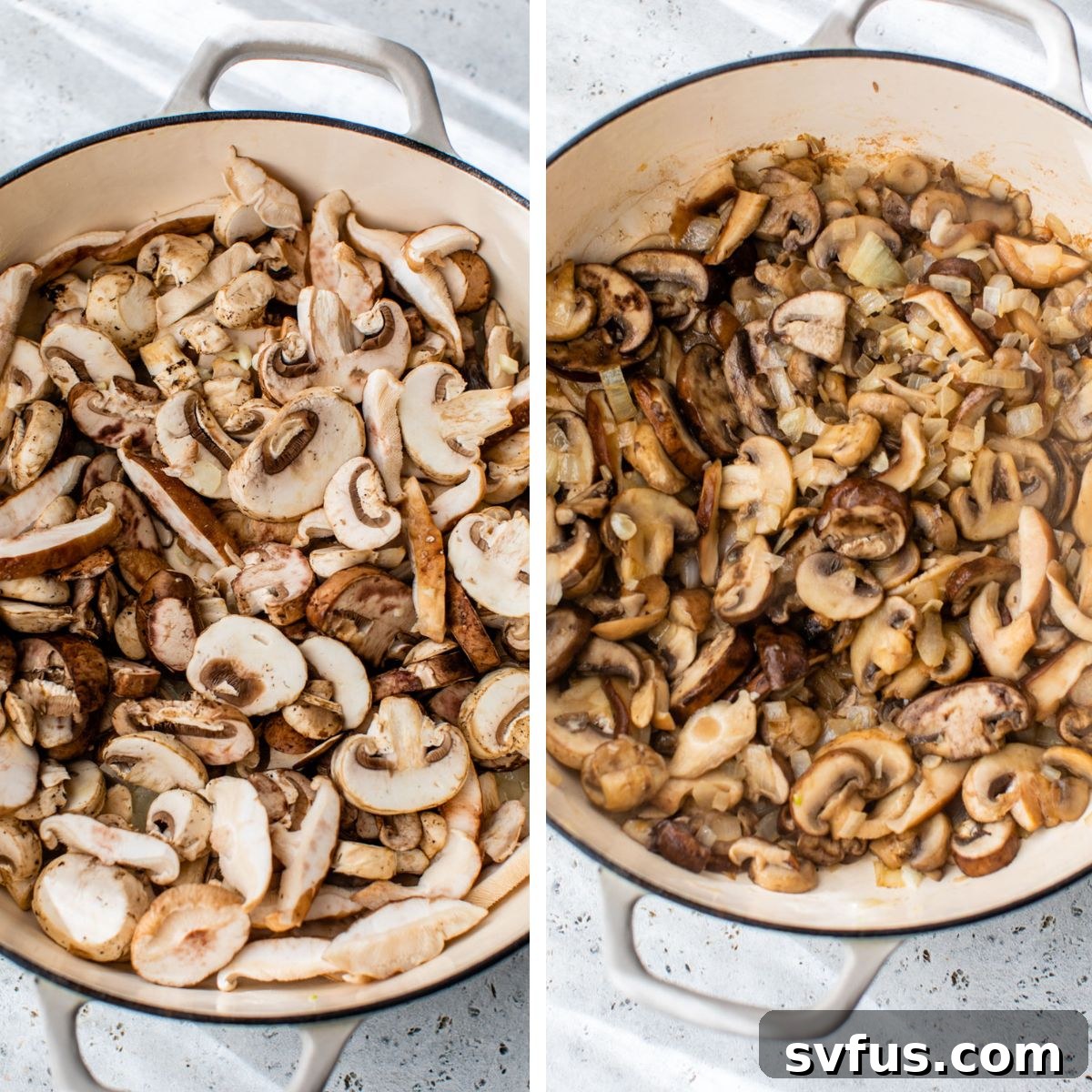 2 images; the left images show raw mushrooms added to a dutch oven and the right image shows mushrooms cooking in a dutch oven