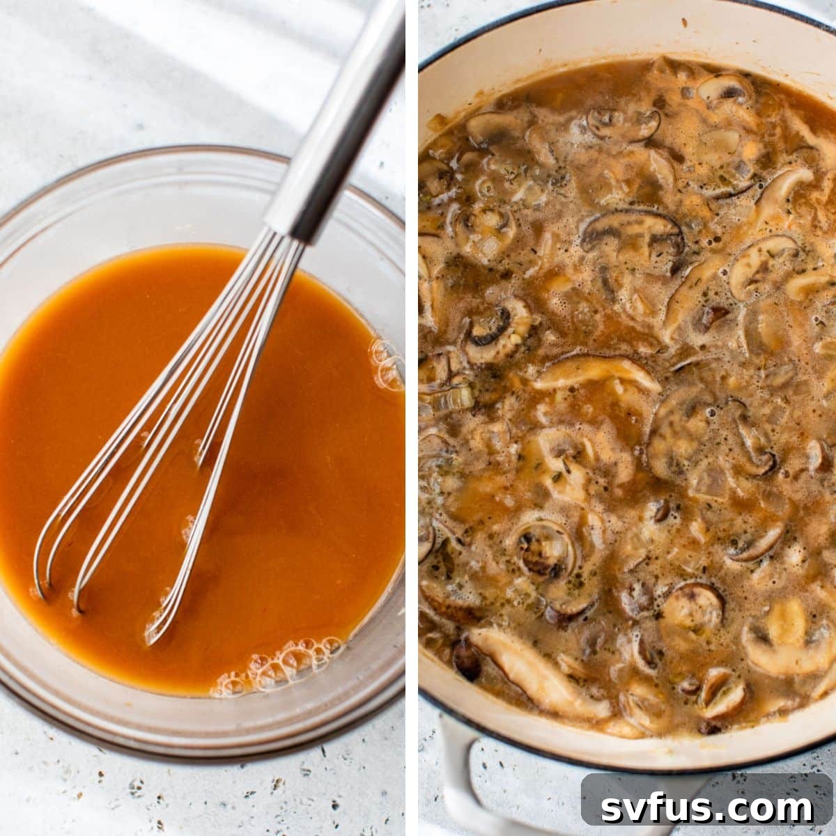 2 images: the left image shows vegetable stock, soy sauce, tomato paste, and flour whisked together in a glass bowl and the right image shows mushrooms simmering in the vegetable stock mixture