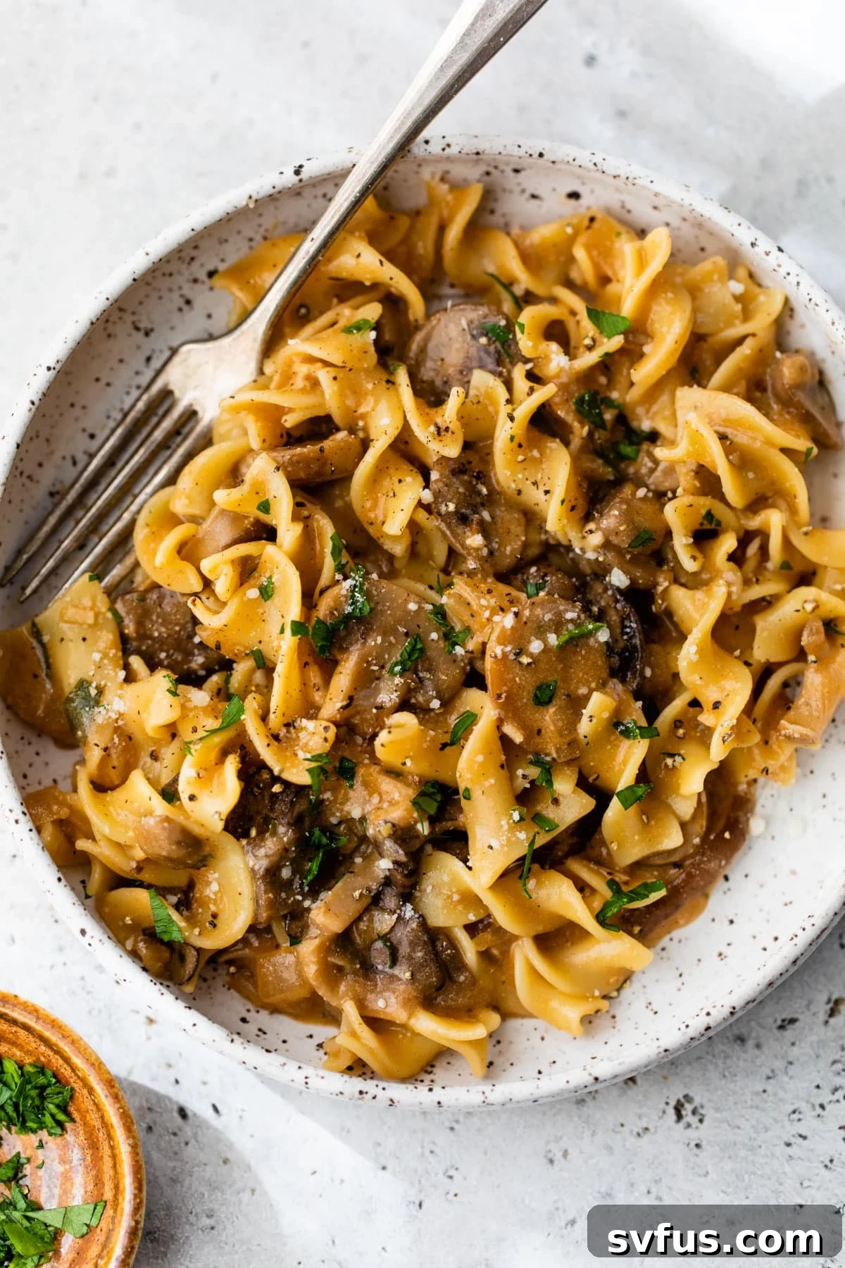 mushroom stroganoff inside a bowl with a fork and fresh parsley and cheese on top