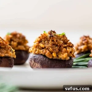 Side view of a baked vegan stuffed mushroom