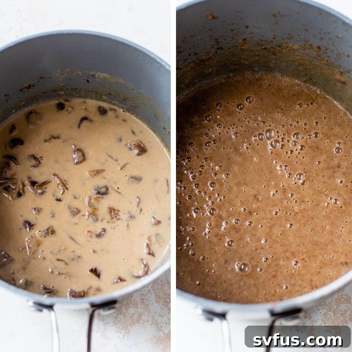 Two images side by side: the left shows chopped dates, non-dairy milk, and vanilla simmering in a saucepan; the right shows the date mixture beautifully blended to a smooth paste in the same saucepan.