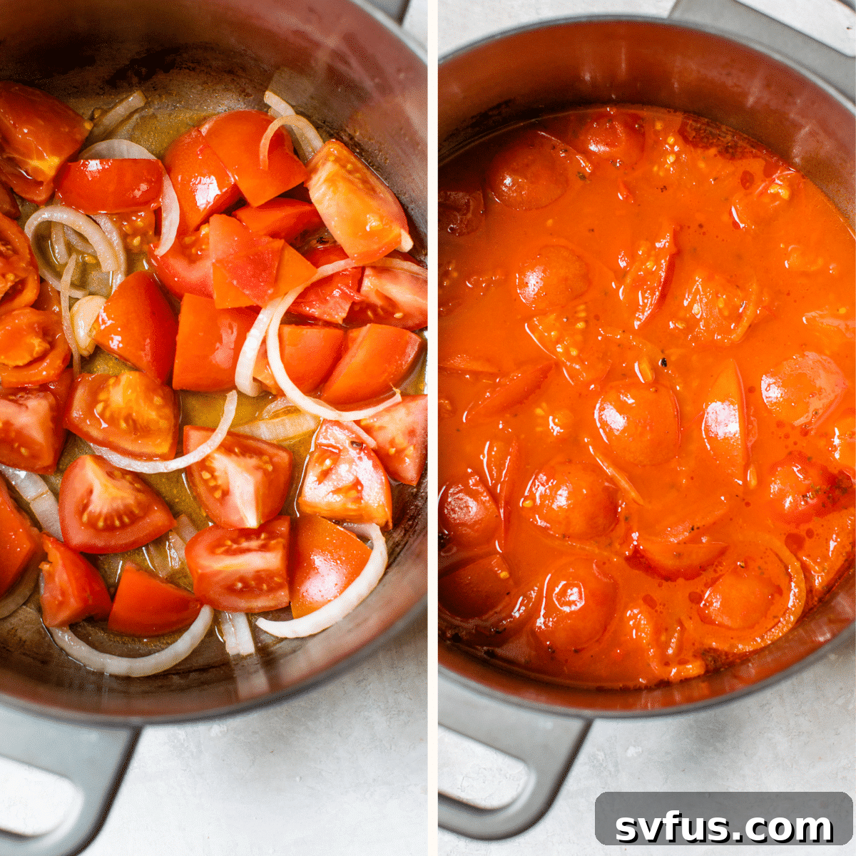 Rich red tomato soup simmering in a stainless steel saucepan on a stovetop, ready for blending.