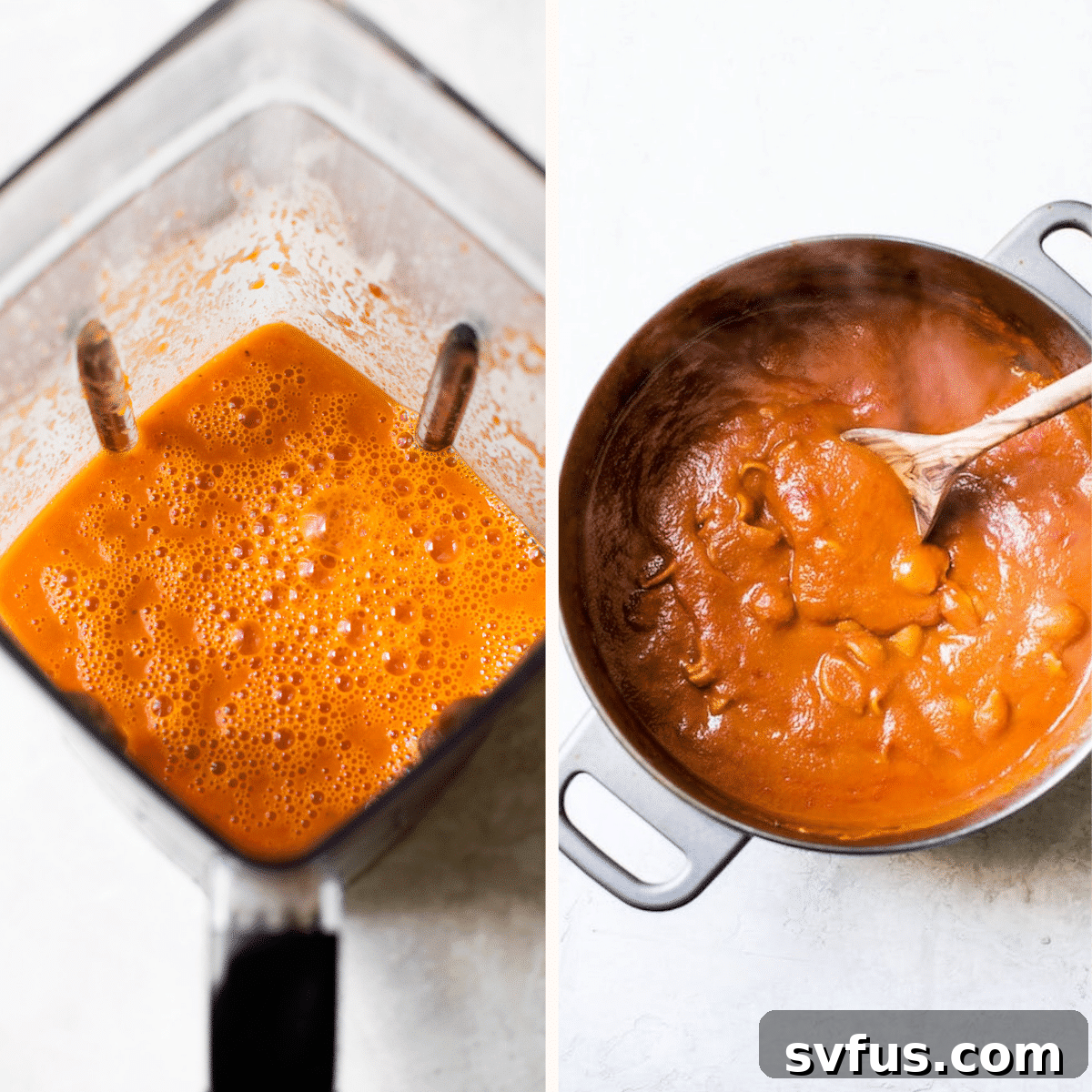Vegan tomato soup being blended to a smooth consistency in a clear blender container.