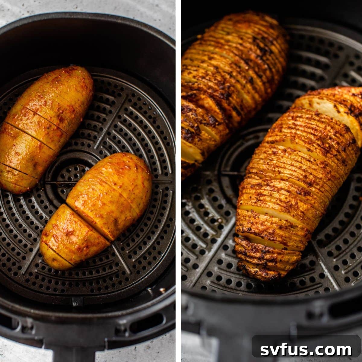 A two-part image: the left shows hasselback potatoes beginning to cook in the air fryer, and the right shows the finished, golden-brown and crispy potatoes inside the air fryer basket.