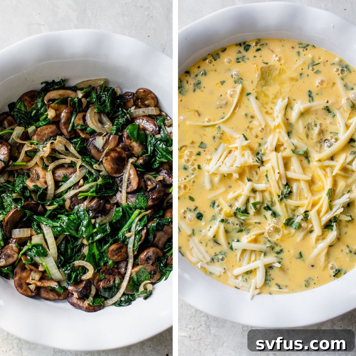 2 images: the left image shows cooked spinach, mushrooms, and onion in a pie pan and the right image shows the egg mixture and cheese poured over top of the mushroom mixture in a pie pan