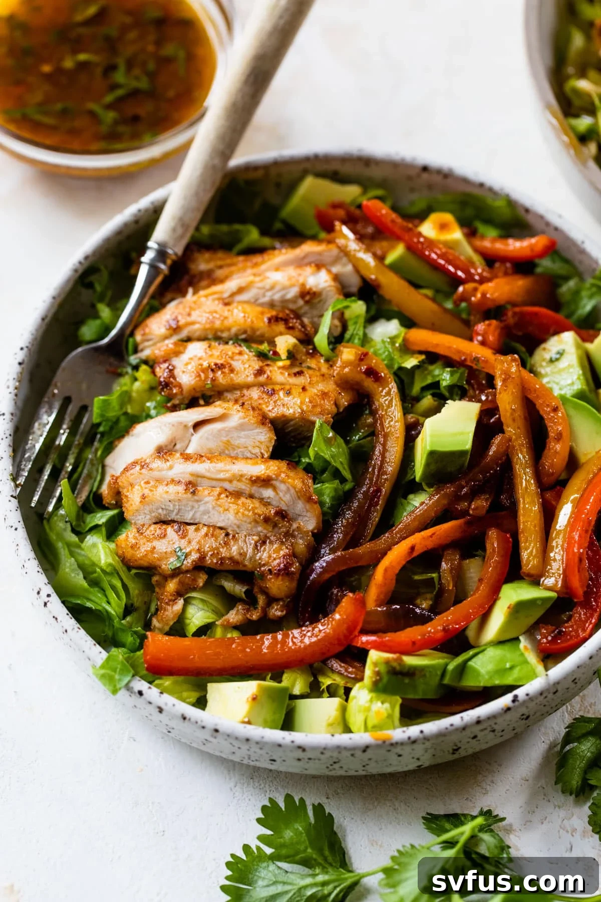 salad in a bowl topped with sliced chicken, bell peppers and diced avocado