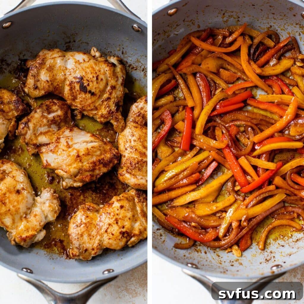 2 images: cooked chicken thighs in a skillet on the left and cooked bell peppers and onion in a skillet on the right