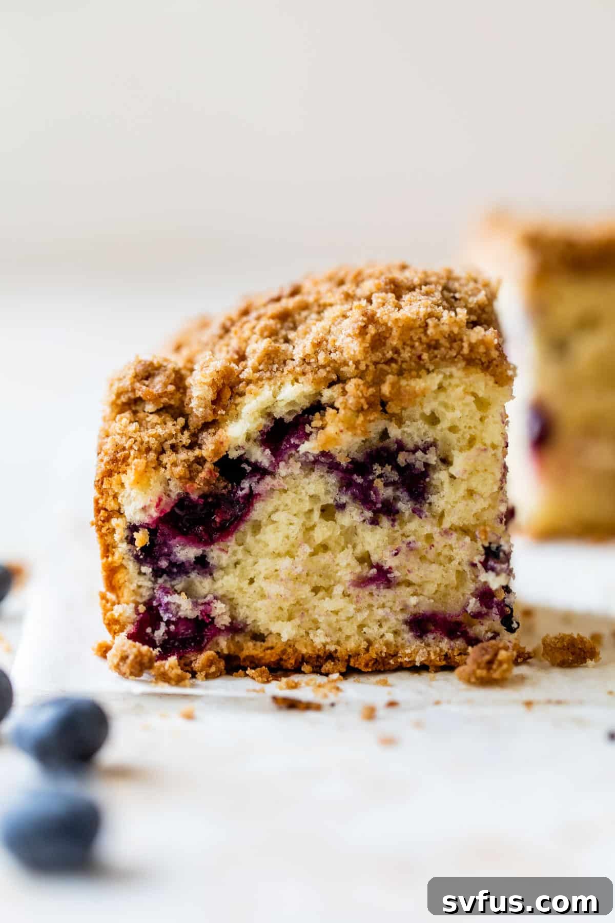 A close-up view of a baked blueberry coffee cake, showing its moist texture and streusel topping.