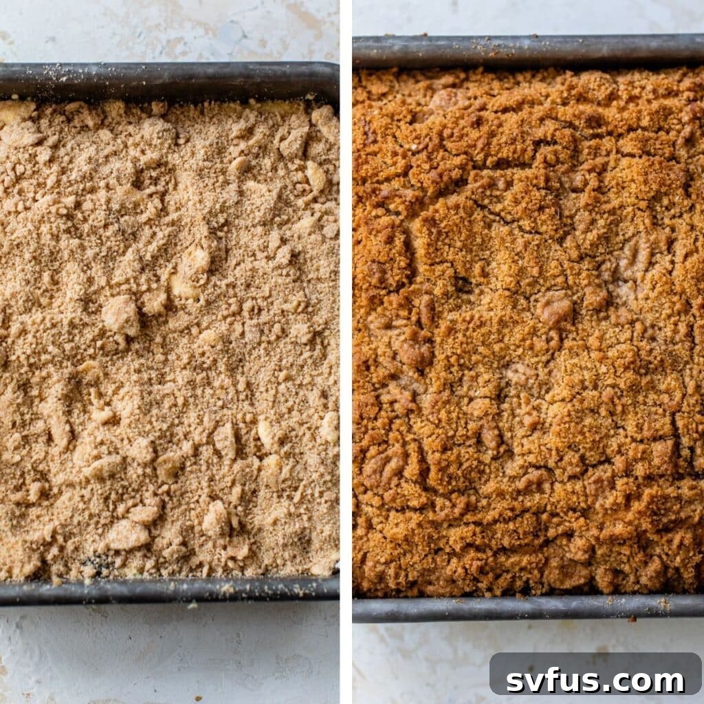 Two images side by side: unbaked blueberry coffee cake in a square pan with streusel, and a fully baked coffee cake in the same pan.