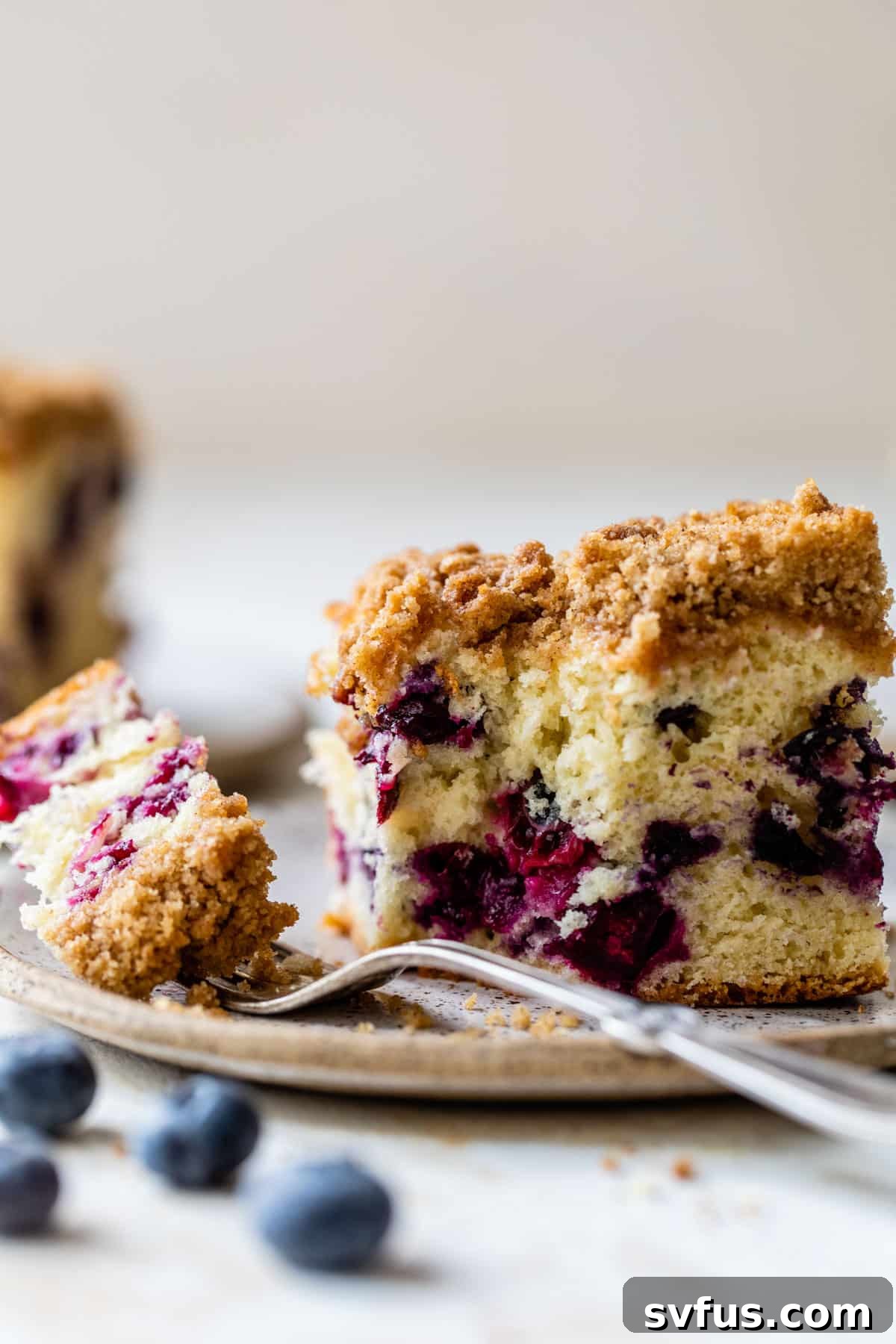 A slice of blueberry coffee cake with a bite taken out, showing the rich texture and juicy blueberries.